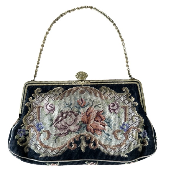 Vintage Czechoslovakia Tapestry Bag Purse Black w/Floral - Picture 1 of 5
